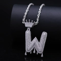 Silver iced out letter W necklace with crown drip pendant and rope chain for hip hop style - Letter W / Silver