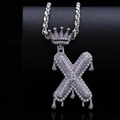 Hip-hop letter X pendant necklace with iced-out zircon crown on silver rope chain - Letter X / Silver