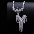 Hip hop style silver letter Y pendant necklace with crown and zircon stones on rope chain - Letter Y / Silver