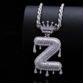 Hiphop silver letter Z pendant necklace with crown and zircon micro-paving on rope chain - Letter Z / Silver