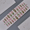 Pink and green almond fake nails with 3D gold stars and rhinestones set WY-102 - Full Box Set / Pink Green Color Patchwork Gold Star Style (WY-102)