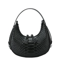 Fashionable black crocodile pattern crescent shoulder bag with minimalist curved design - Black
