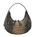 Brown faux leather crescent hobo bag with snakeskin pattern and dual zippers - Khaki