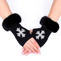 Black fingerless knit gloves featuring faux fur trim and sparkling rhinestone cross design - Cross Style