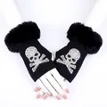 Black knitted fingerless gloves with silver rhinestone skull and faux fur trim - Skull Style