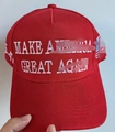 Classic red cotton baseball cap with white embroidered text on front and USA side logo - 001 Red Fabric Hat