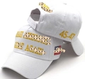 White cotton baseball cap with yellow Trump embroidery and American flag patch - 007 White with Yellow Embroidery