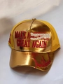 Golden metallic trucker hat with red embroidered slogan and signature detail - 015 Golden Mesh Hat