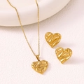 Elegant gold heart jewelry set with textured hammered finish necklace and stud earrings - Jewelry Set / Gold