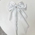 Elegant large white satin double-layered bow hair clip with long flowing ribbons - Pure White
