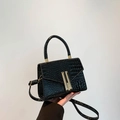 Glossy black crocodile pattern small square handbag with gold metal clasp - Black