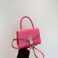 Pink crocodile pattern small square handbag with dual metal buckles and long shoulder strap - Pink