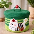 Green gradient cotton rope storage basket with cat embroidery and red bead handle lid - Striped Green - Backpack Puppy (22*15)