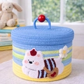 Blue and green woven cotton rope storage basket with lid and cute cartoon bear patch - Blue Stripe Backpack Dog