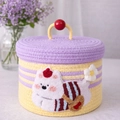 Handwoven purple and yellow storage basket featuring a cute cartoon cat patch with lid - Purple Stripe Backpack Dog
