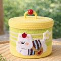 Yellow and green striped cotton rope woven storage basket with cute white cat embroidery - Yellow Stripe Backpack Dog
