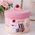 Pink and white striped woven storage basket with cat embroidery and beaded handle - Pink Stripe Backpack Dog