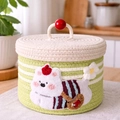 Green and white striped woven storage basket with cat decor and lidded handle - Beige Stripe Backpack Dog