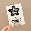 Star hair clips set in black and beige leather with polka dot stitching for girls - Black and White Star 2-Piece Set