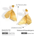 Golden stainless steel fan earrings with pearls and zircons in a textured design - 18K Gold Plated / Folded Fan Pearl Rhinestone Style (EH12172)