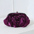 Elegant deep purple rose shaped satin evening clutch with silver metallic frame - Purple