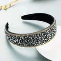 Detail of wide sparkling headband with grey crystals and gold bead chain trim - Silver Gray