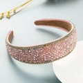 Detail of pink crystal beaded wide headband with gold accents on velvet lining - Light Pink