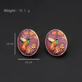 Vintage style hummingbird and floral enamel oval earrings with gold-plated honeycomb texture - Purple Hummingbird Floral Oval Style (Silver Post-455)