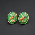 Vintage green enamel oval earrings featuring colorful hummingbird and flower design - Emerald Green Hummingbird Orange Flower Oval Style (Silver Post-456)
