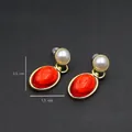 Vintage gold earrings with white pearl and red gemstone accents, weight 9.1g, length 3.5cm - Red Gem & Pearl Gold Base Dangle Earrings (Silver Post-457)