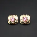 Vintage gold clover stud earrings with pink crystal center and sparkly accents - Pink Cut Main Stone Clover Style (Silver Post-463)