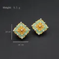 Vintage gold square earrings with sky blue enamel, star design, and white pearls - Sky Blue Enamel Starburst Pearl Square Style (Silver Post-474)