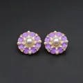 Vintage purple enamel earrings with white pearls and sparkling crystal halo in gold trim - Purple Disk with Center White Pearl Style (Silver Post-475)