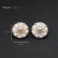Retro round white enamel stud earrings with gold patterns, pearls, and rhinestones - White Enamel Star Pattern Pearl Center Style (Silver Post-476)