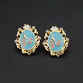 Vintage oval enamel earrings with blue bird and plum blossom motif and pearl trim - Flower & Bird Blue Enamel Pearl Oval Style (Silver Post-483)