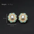 Vintage floral enamel earrings with pearls and green crystals, 2.9cm by 2.5cm - Lake Blue & Beige Cloud Pattern Floral Pearl Style (Silver Post-487)