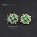Vintage floral earrings with blue enamel and pearls set in gold-tone metal frame - Cyan-Green Enamel Symmetrical Geometric Floral Style (Silver Post-489)