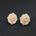 Vintage gold stud earrings featuring pink enamel, heart motif and small white pearls - Pink Enamel Gold Heart & Pearl Style (Silver Post-500)