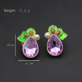 Bohemian earrings with purple pear-shaped gemstone and green enamel leaves - Purple Faceted Gem Pearl Leaf Style (Silver Post-467)