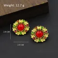 Vintage round gold earrings with central red stone and colorful crystal accents - Ethnic Style Red Gem & Multi-Color Rhinestone Round Style (Silver Post-492)