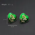 Vintage green enamel heart earrings with gold floral patterns and 10.1g weight - Bright Green Heart Gold Floral Enamel Style (Silver Post-459)