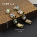 Vintage long drop earrings in antique gold alloy with colorful shell inlay, 8.0cm length - Iridescent Stone & Abalone Shell Geometric Dangle (Silver Post-464)