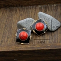 Vintage black enamel square earrings with red turquoise stone inlay and gold trim - Black Enamel Square Red Turquoise Texture (Silver Post-484)