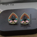 Vintage bronze teardrop earrings with colorful gemstones and black center stone - Black Teardrop & Colorful Gem Ethnic Style (Silver Post-472)