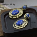 Vintage long drop earrings with bronze hammered metal and blue stone, 6.0cm by 3.3cm size - Bronze Hammered Texture Blue Turquoise Dangle (Silver Post-470)