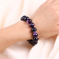 Natural purple striped agate beaded bracelet with polished 10mm gemstones worn on wrist - Purple Agate Stone Bracelet 8mm