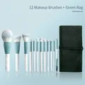 12-piece soft makeup brush set with dark green leather roll bag and blue gradient handles - 12Pcs Brush Set With Green Pouch
