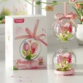 Pink tulip building block flower in a clear sphere with 99 pieces and pink stand - Tulip Crystal Ball / 99pcs/Hangable Or Standing