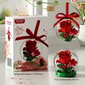 Preserved rose building block set in transparent sphere with red ribbon and green base - Rose Crystal Ball / 71pcs/Hangable Or Standing