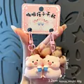 Pink resin pig keychains with blue coffee cups on card, magnetic couple bag charms - Coffee Partner (Piggy) / SKU Price for One Pair
